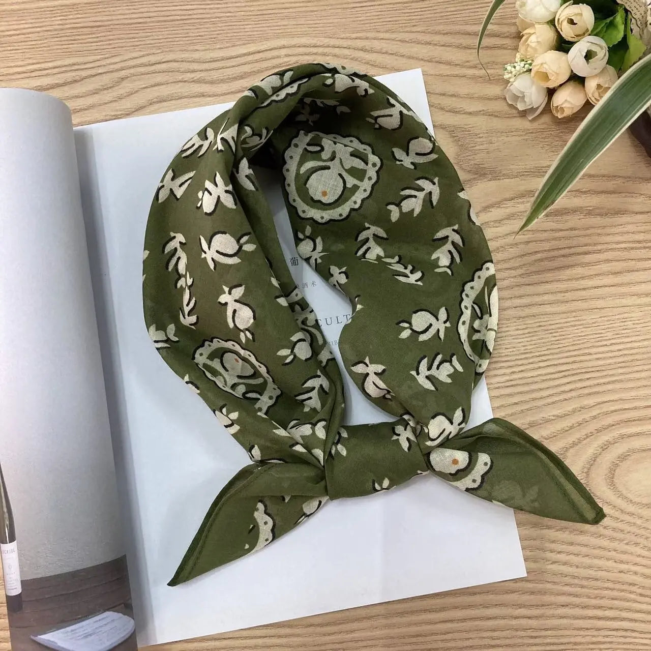 Cotton square vintage floral silk scarf with ethnic-inspired design, featuring colorful floral patterns.