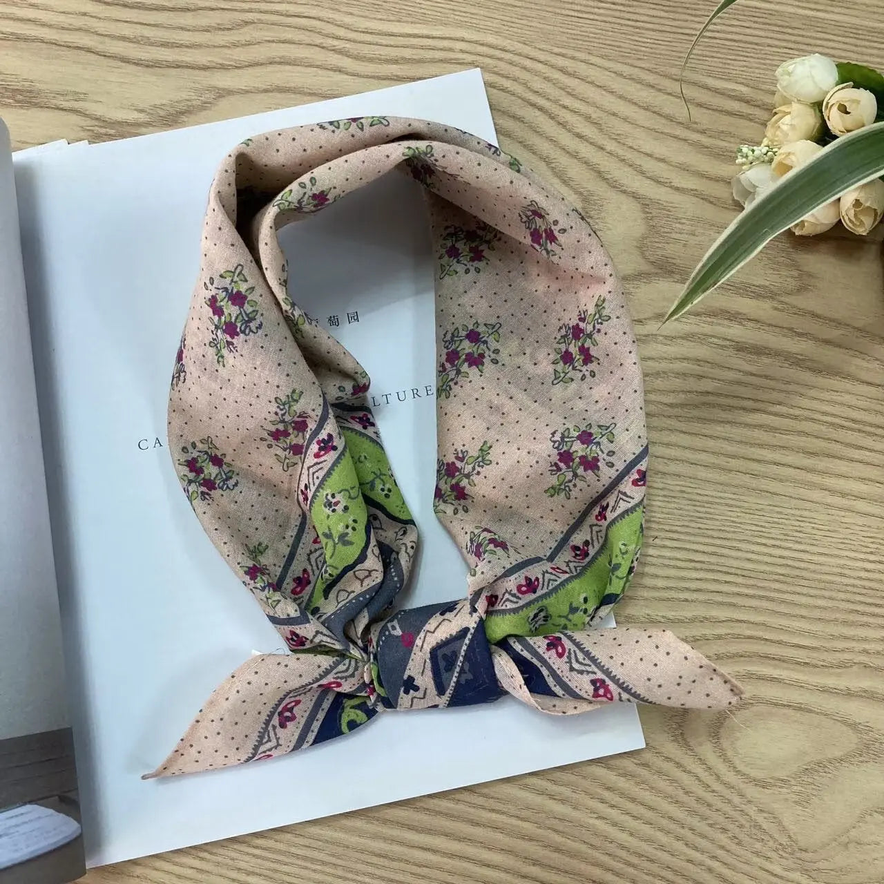 Cotton square vintage floral silk scarf by Dropshipman featuring ethnic-inspired patterns and vibrant colors.