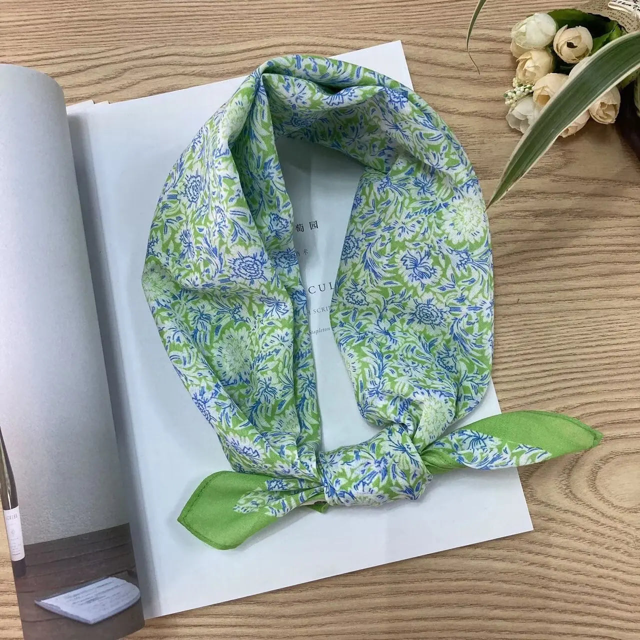 Cotton square vintage floral silk scarf with ethnic-inspired design, featuring colorful floral patterns and a soft texture.