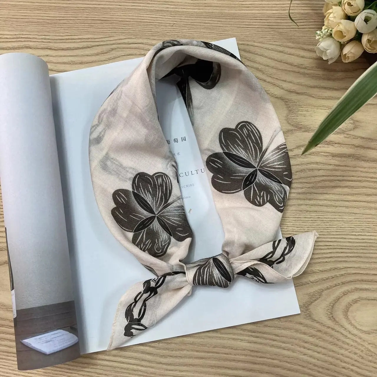 Cotton square vintage floral silk scarf with ethnic-inspired patterns in vibrant colors, designed by Dropshipman.
