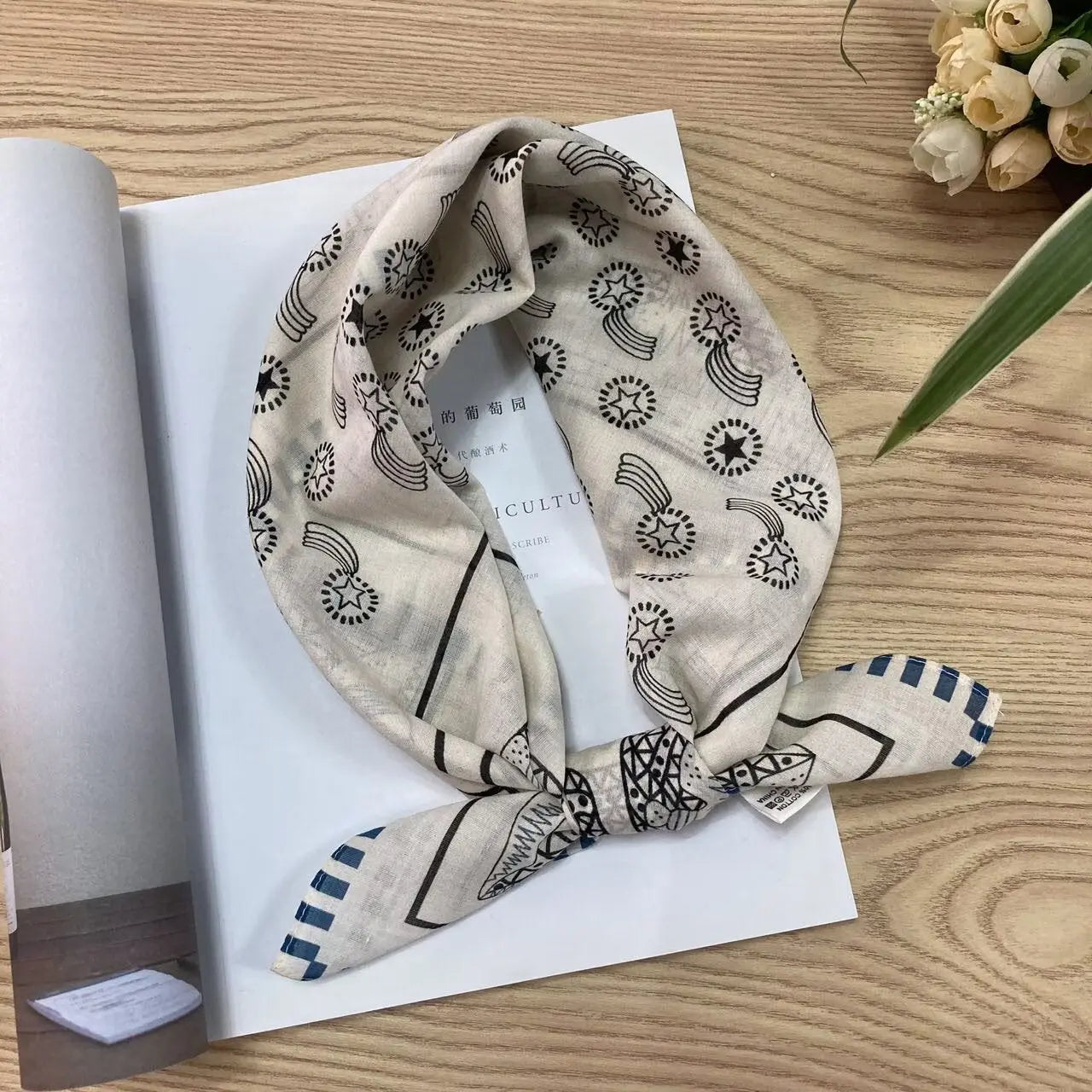 Vintage ethnic-style floral cotton square scarf by Dropshipman, featuring colorful silk fabric and intricate floral patterns.