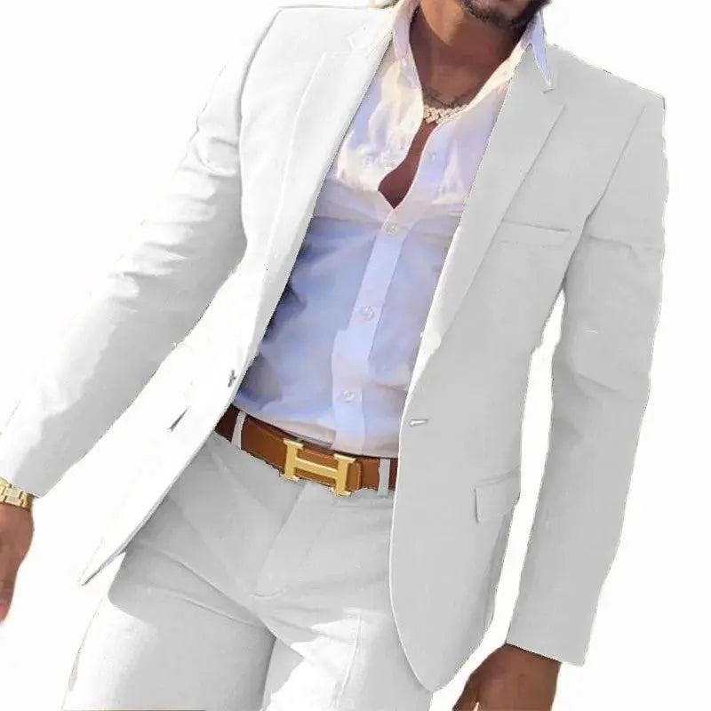 Off-white multicolor men's banquet suit by Dropshipman, tailored fit with vibrant pattern for formal occasions.