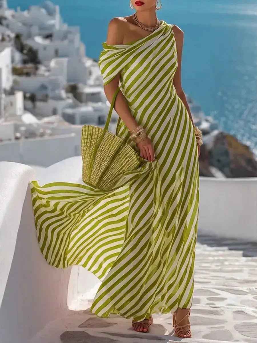 Stylish And Elegant Striped-print Off-shoulder Dress