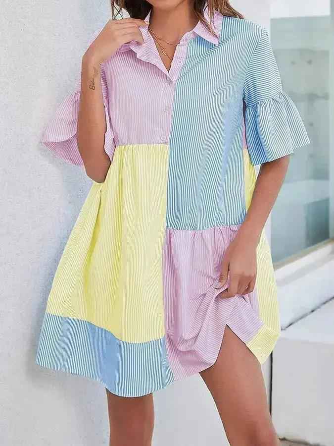 Striped Short-sleeved Fashionable Casual Patchwork Contrast-color Shirt Dress