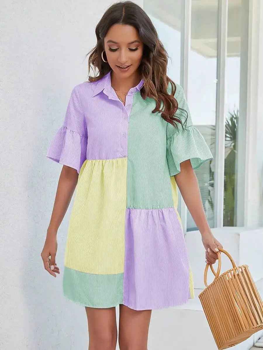Striped Short-sleeved Fashionable Casual Patchwork Contrast-color Shirt Dress
