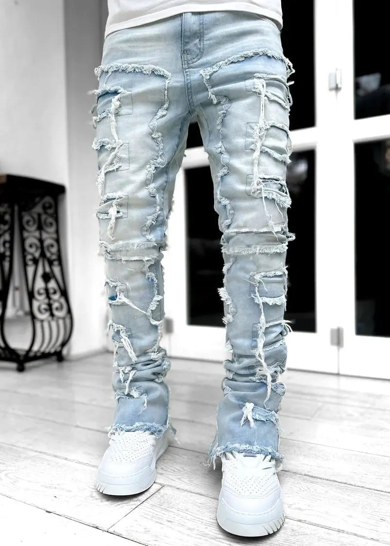 Pink ripped trousers for men with fringes, patched details, long tight fit, stacked jeans from Dropshipman.