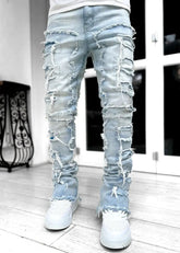 Pink ripped trousers for men with fringes, patched details, long tight fit, stacked jeans from Dropshipman.