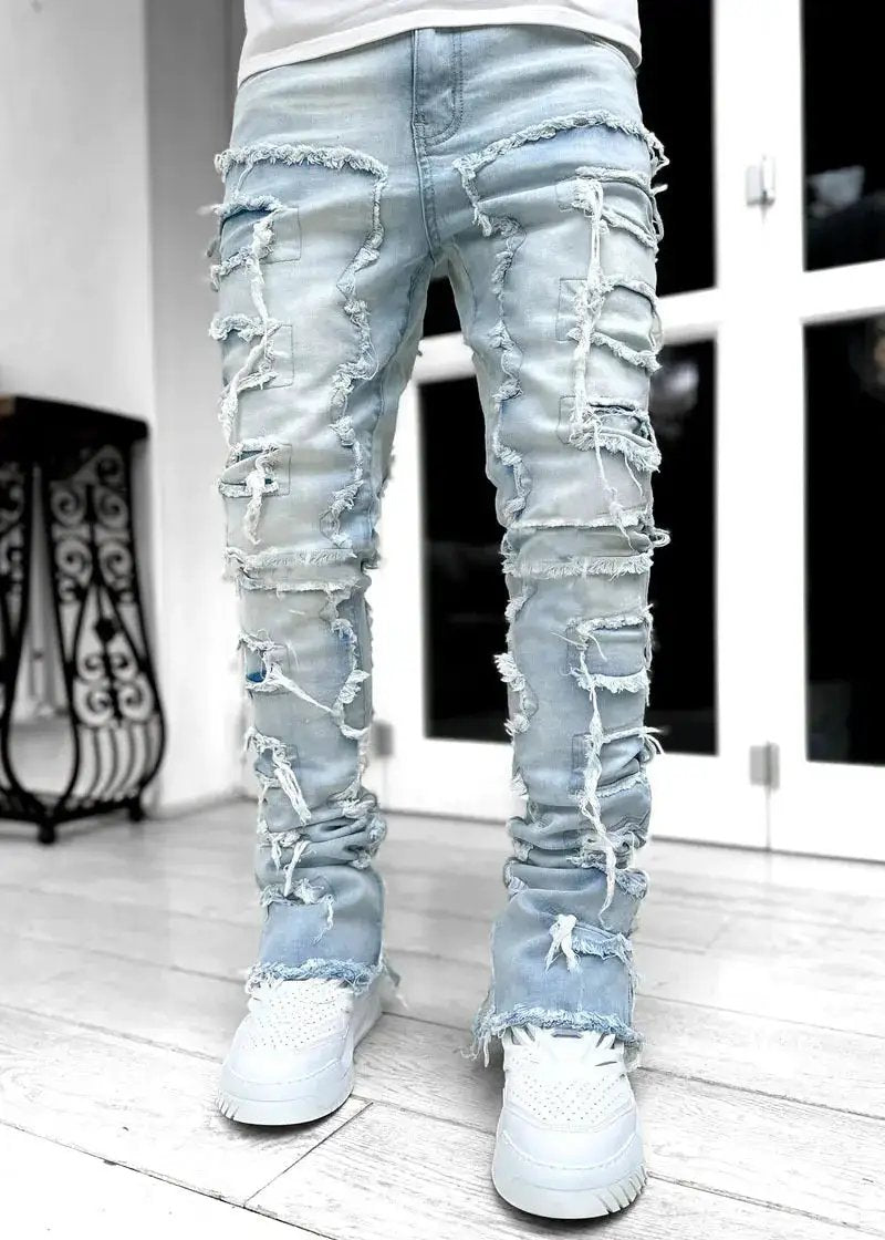 Ins Fringes Ripped Trousers Individual Patched Pants Long Tight Fit Stacked Jeans For Mens Clothing by Dropshipman