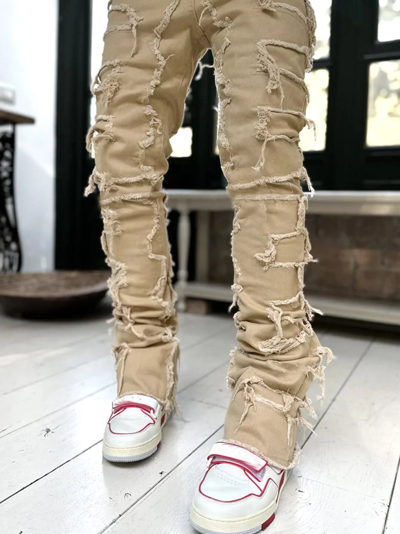 Pink ripped jeans for men with fringes and patches, long tight fit stacked style from Dropshipman, casual distressed denim pants.
