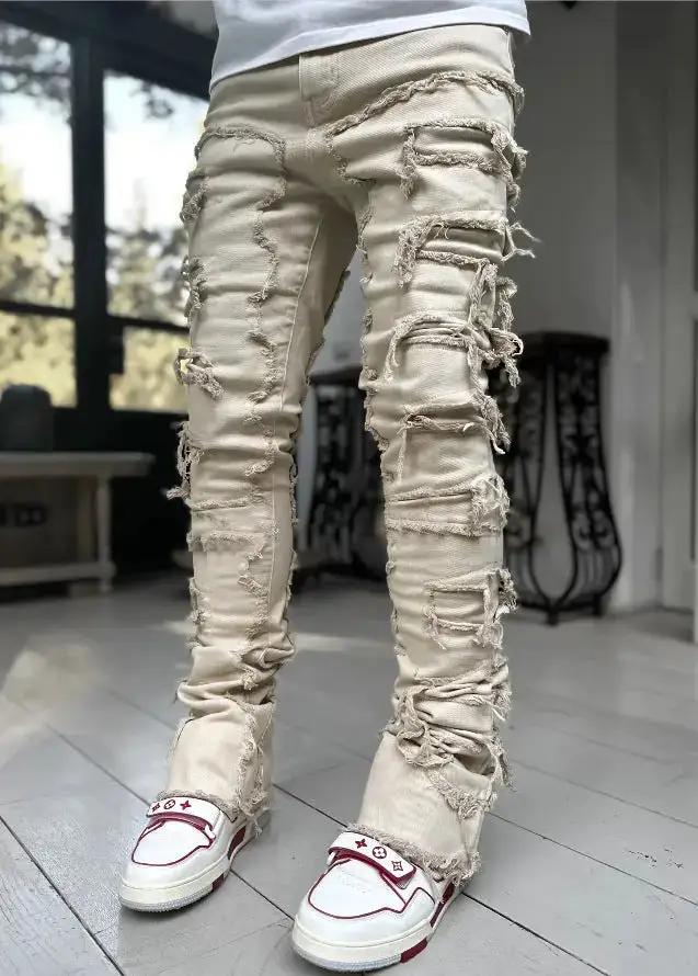 Ins Fringes Ripped Trousers Individual Patched Pants Long Tight Fit Stacked Jeans For Mens Clothing by Dropshipman