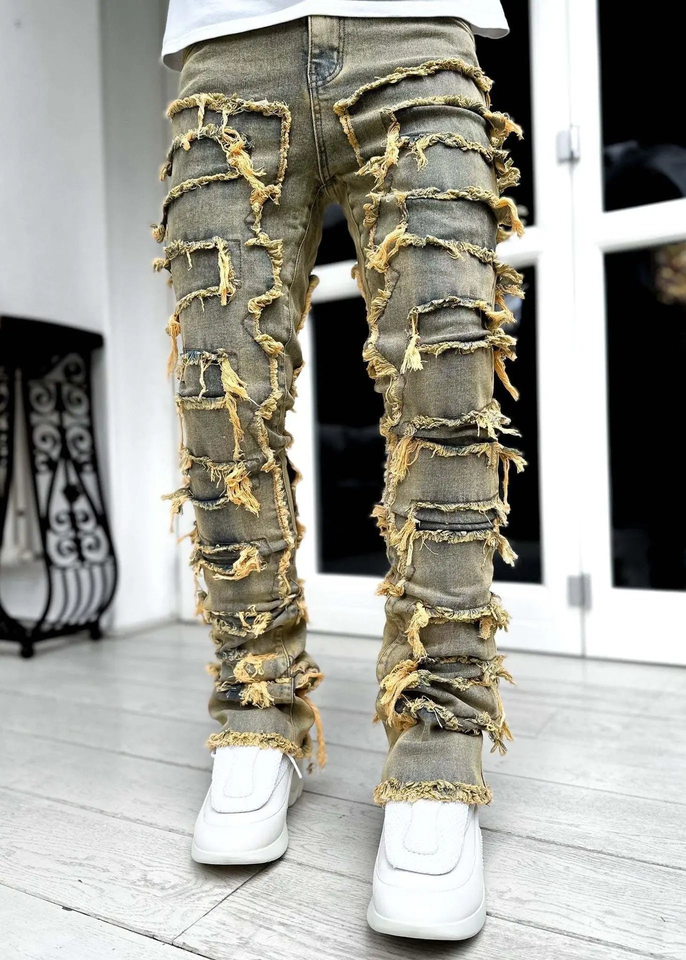 Pink ripped jeans for men with fringes, patched details, long tight fit, stacked design, by Dropshipman.