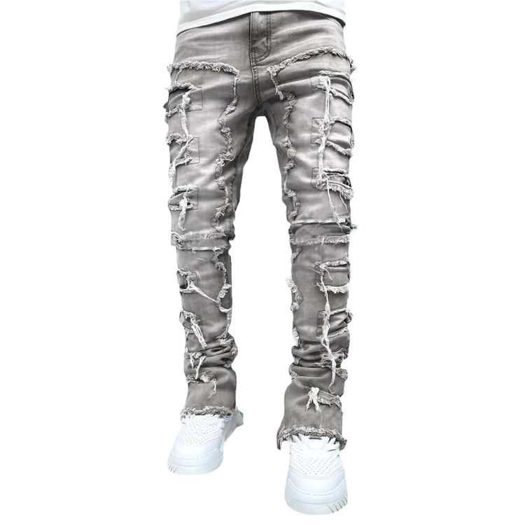 Pink ripped jeans for men with fringes, patched design, long tight fit, stacked style, by Dropshipman.