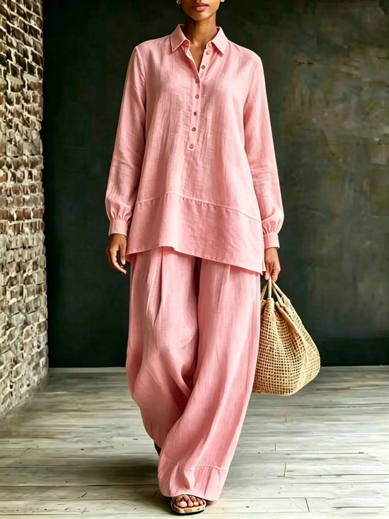 Pink two-piece set with shirt and loose-fit pants from Dropshipman, casual and comfortable clothing for everyday wear.