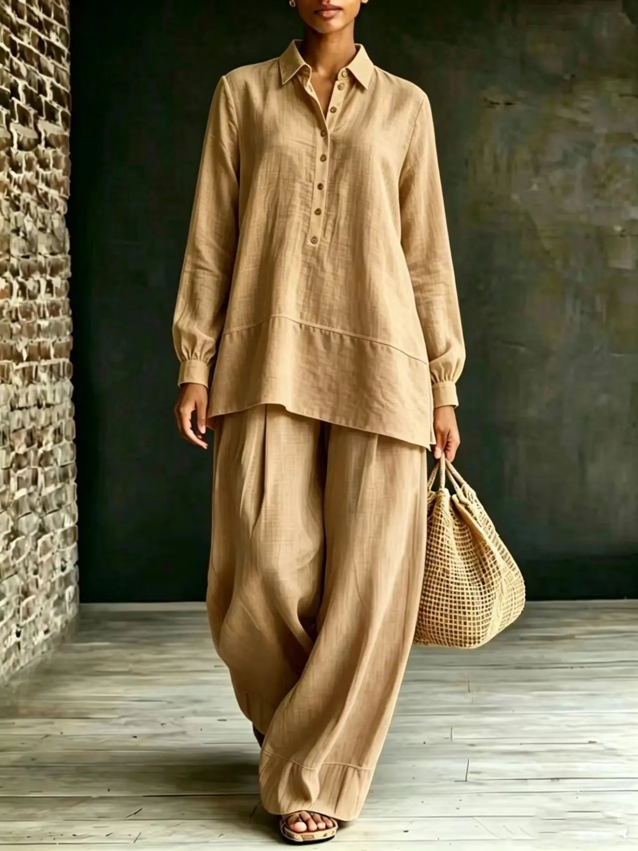 Pink shirt and loose-fit pants two-piece set by Dropshipman, casual and comfortable fashion outfit.