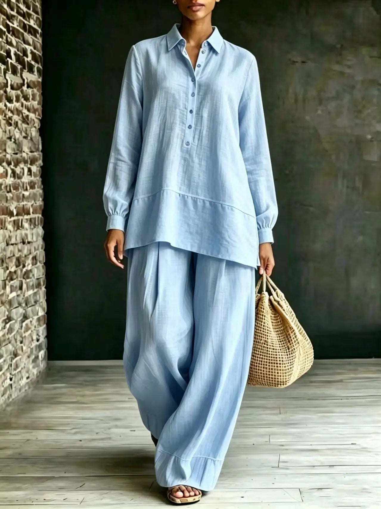Pink shirt and loose-fit pants two-piece set by Dropshipman, casual and comfortable clothing for everyday wear.
