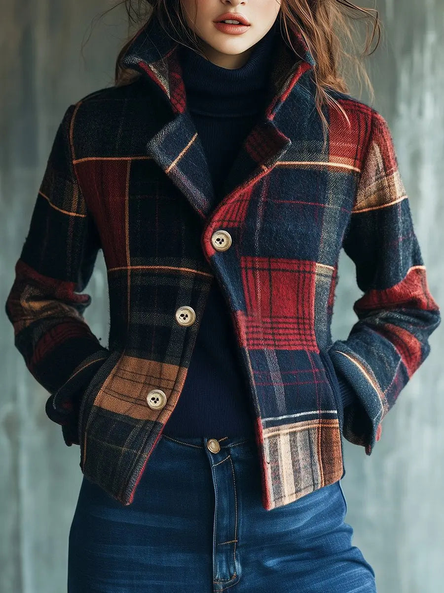 Red plaid pattern woolen jacket with stand collar by Dropshipman, shown on a model with front view.