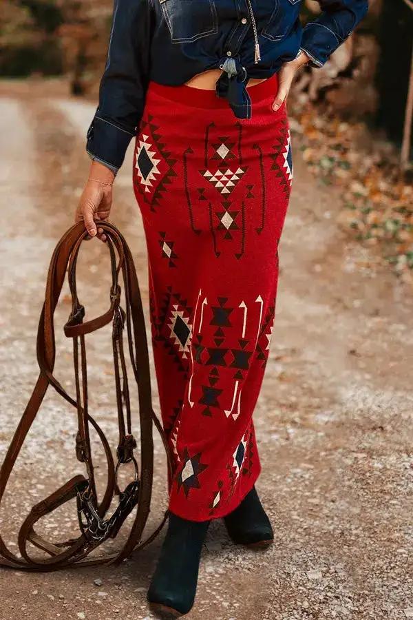 Retro Western Aztec Print Knit Maxi Skirt by Dropshipman