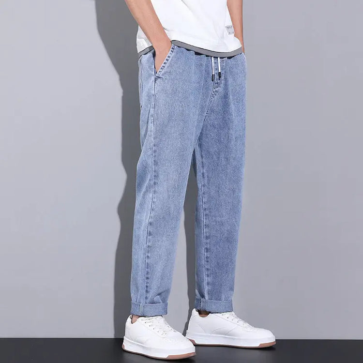 Light blue summer loose wide-leg jeans for men with drawstring elastic waistband and straight fit, stylish casual fashion by Dropshipman.