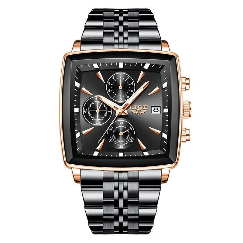 Dropshipman men's square watch with large dial, rose gold and black design, ideal for business and formal wear.