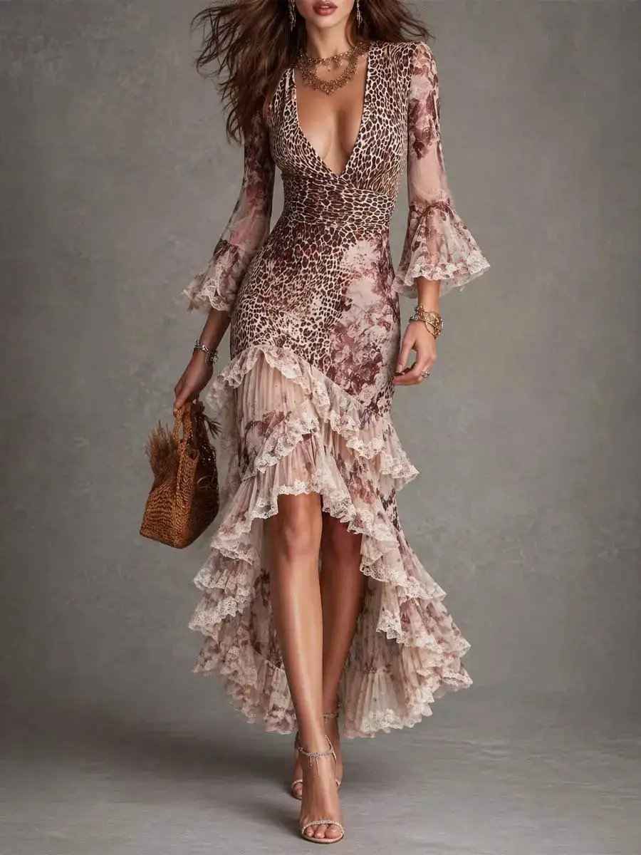 French-style Vintage Leopard-print Flared-sleeve Floral-lace Waist-cinching Asymmetrical Maxi Dress