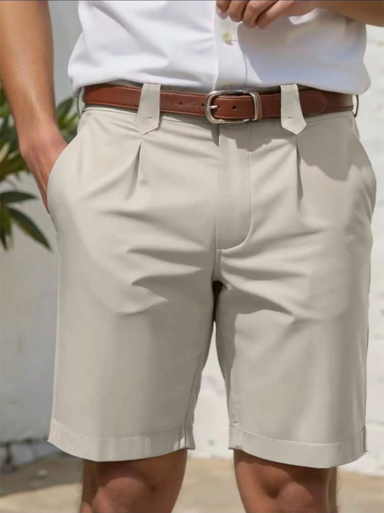Beige business-casual men's slim-fit straight-leg shorts from Dropshipman, shown on a model, perfect for summer or casual wear.
