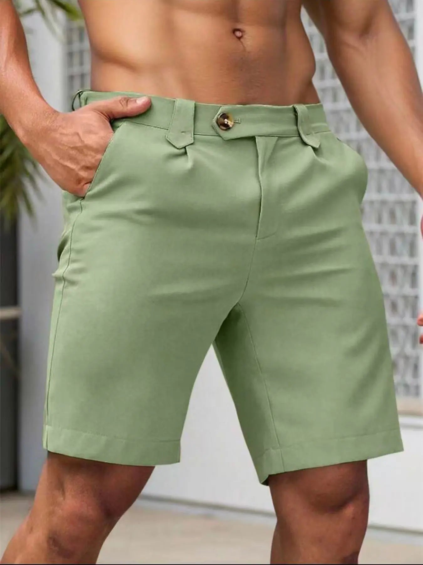 Beige men's business-casual slim-fit straight-leg shorts by Dropshipman, showing front view with tailored fit and casual style.