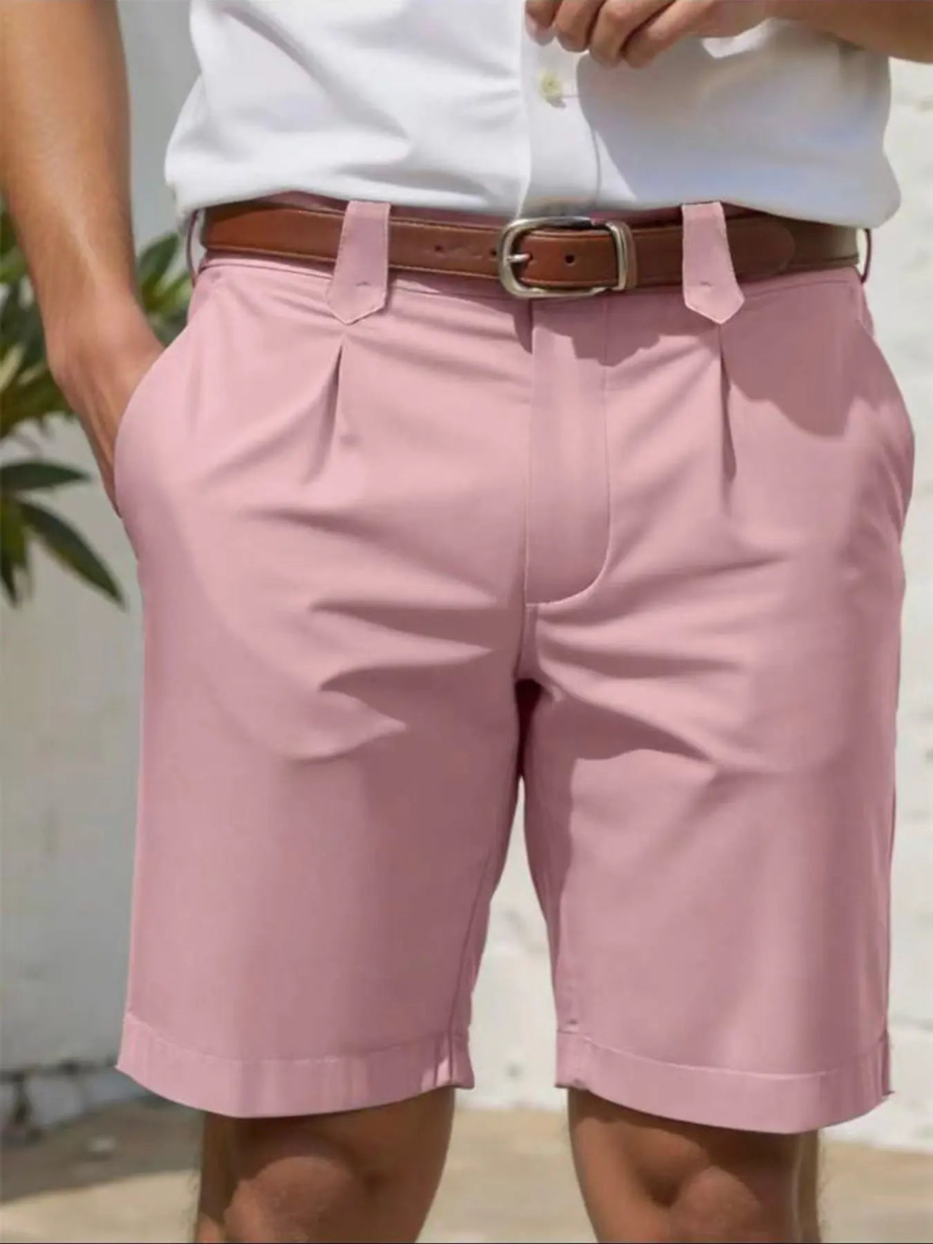Beige men's business-casual slim-fit straight-leg shorts by Dropshipman, shown on a model with a casual background.