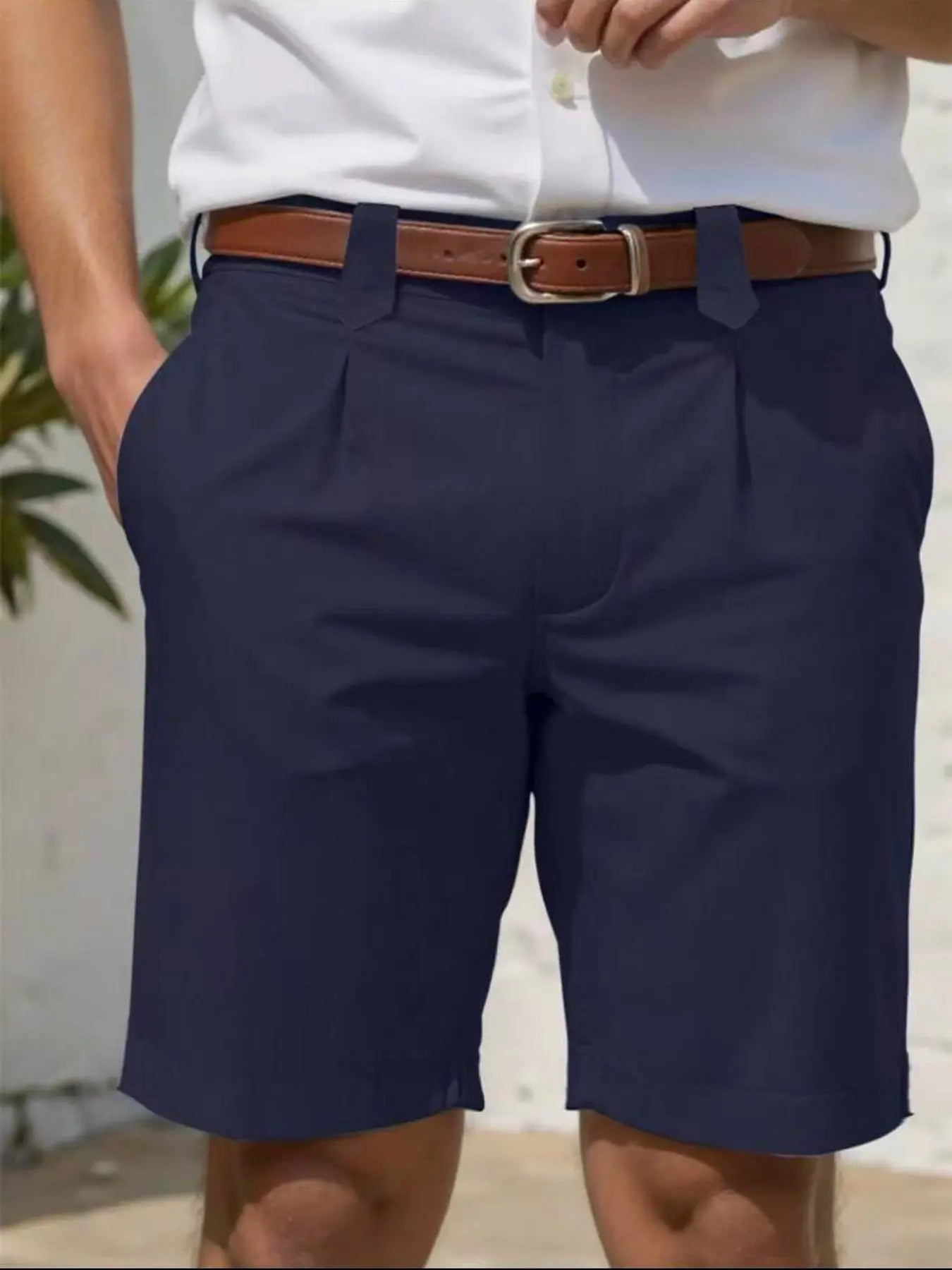 Beige men's business-casual slim-fit straight-leg shorts by Dropshipman, shown on a model.