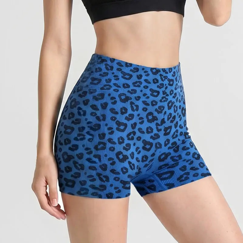 Black leopard-print yoga shorts by Dropshipman, designed for fitness and exercise, with a comfortable and flexible fit.