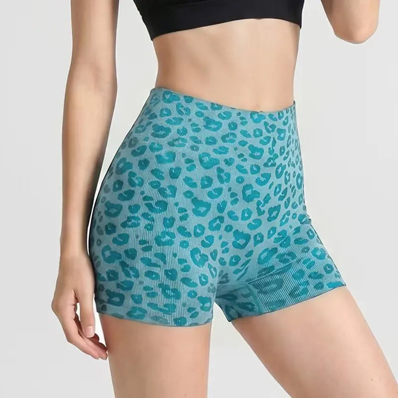 Black leopard-print yoga shorts by Dropshipman, designed for fitness and exercise, with comfortable fit and stylish animal print pattern.