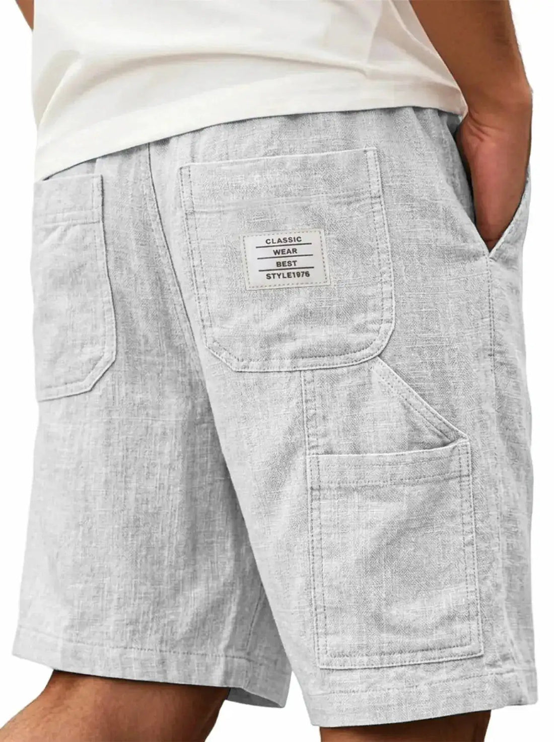 Mens Solid-Color Bamboo-Texture Linen Multi-Pocket Shorts by Dropshipman
