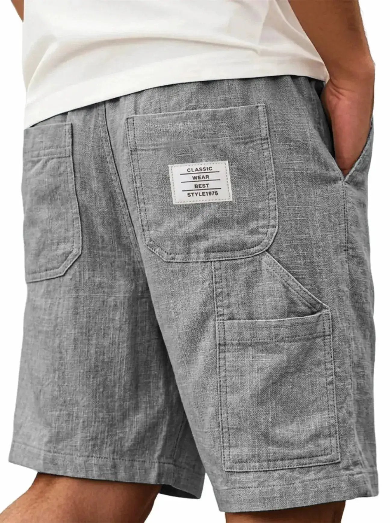 Mens Solid-Color Bamboo-Texture Linen Multi-Pocket Shorts by Dropshipman