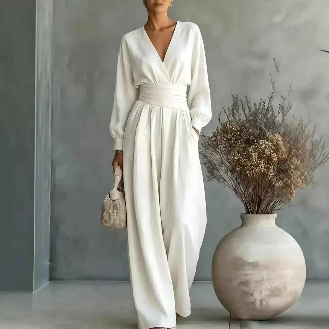 Fitted-waist V-neck Long-sleeve Womens Solid-color Jumpsuit