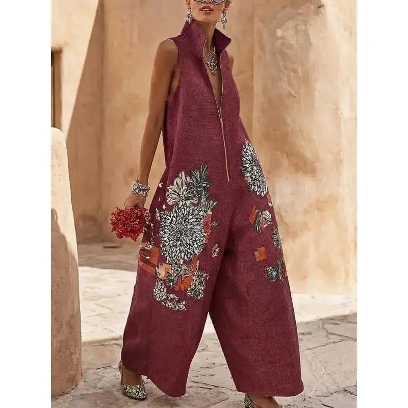Stand-collar Sleeveless Casual Wide-leg Cotton-linen Jumpsuit by Dropshipman
