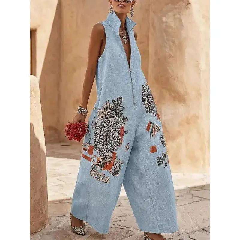 Stand-collar Sleeveless Casual Wide-leg Cotton-linen Jumpsuit by Dropshipman