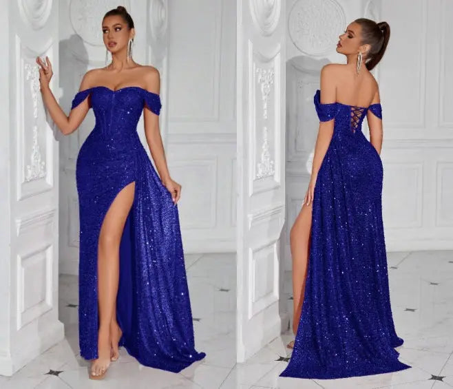 Sapphire blue beaded strapless sexy dress for women, featuring intricate beadwork and a fitted design, from Dropshipman.