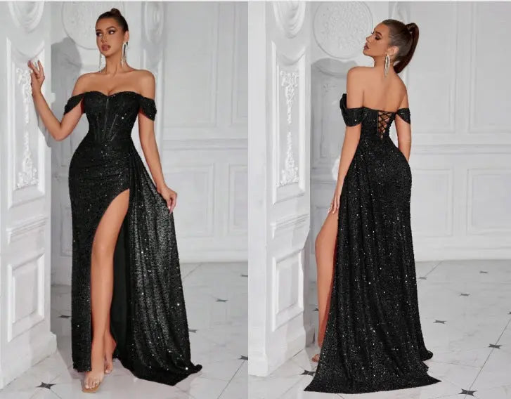 Sapphire blue beaded strapless sexy dress for women, featuring intricate beadwork and a fitted silhouette, from Dropshipman.