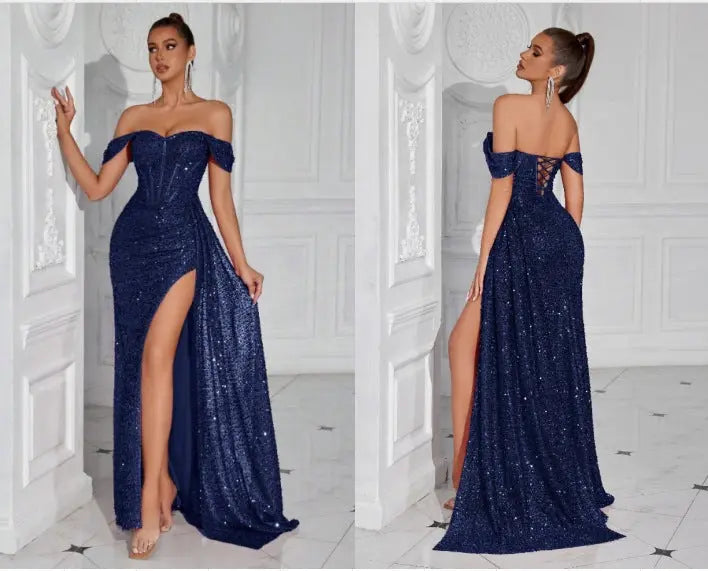 Sapphire blue beaded strapless sexy dress for women, designed by Dropshipman, featuring intricate beading and a fitted strapless style.