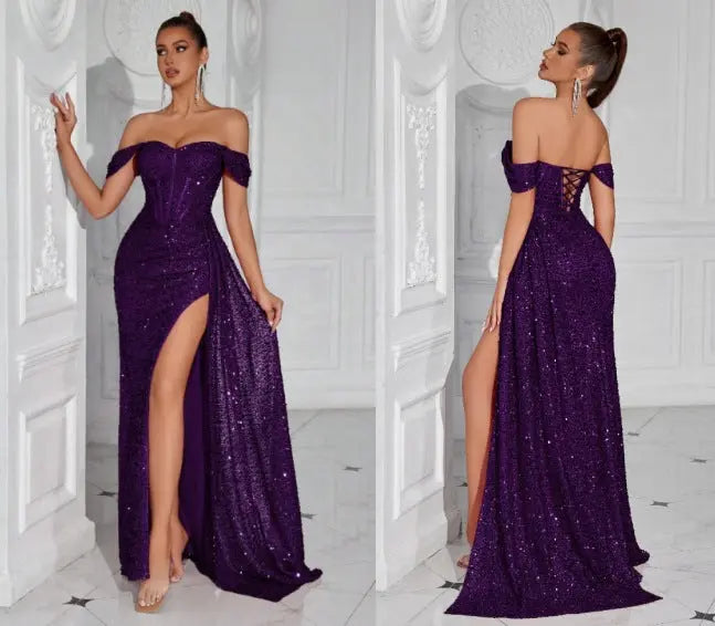 Sapphire blue beaded strapless sexy dress for women, best-selling elegant evening gown by Dropshipman shown on model.