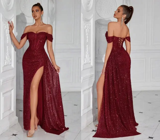 Sapphire blue beaded strapless sexy dress for women, featuring a fitted design and elegant style in this image.