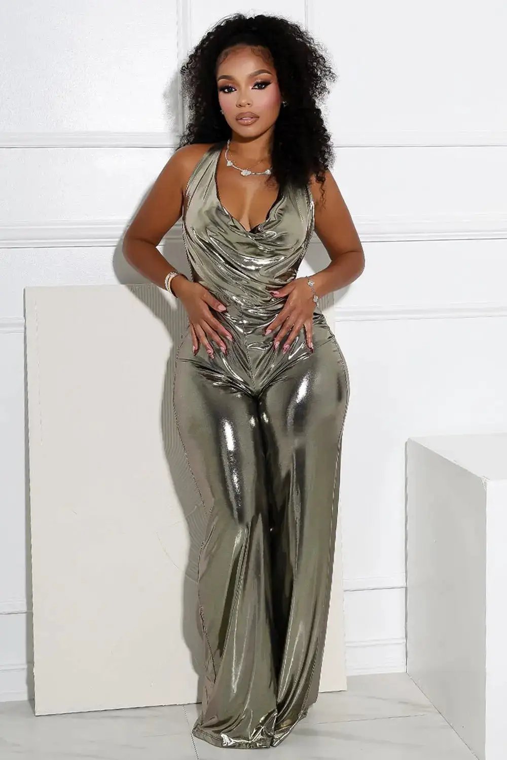 Halter Backless Wrinkle Metallic Party Wide Leg Jumpsuit-Silver [In Stock] by Dropshipman