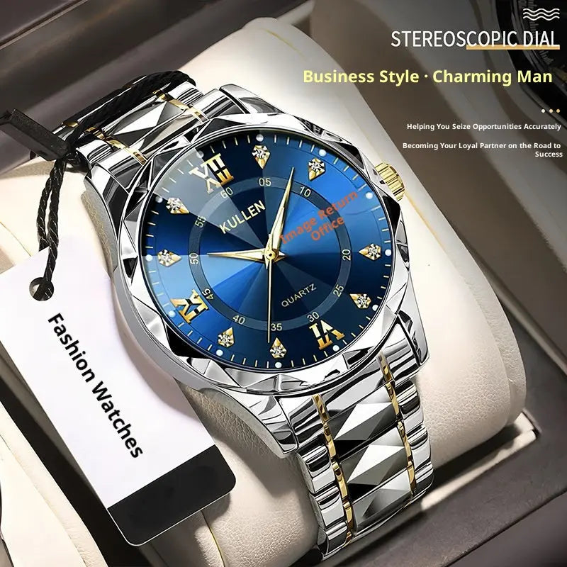 Dropshipman Business Advanced waterproof luminous quartz watch with silver streak band and blue face for professional style.