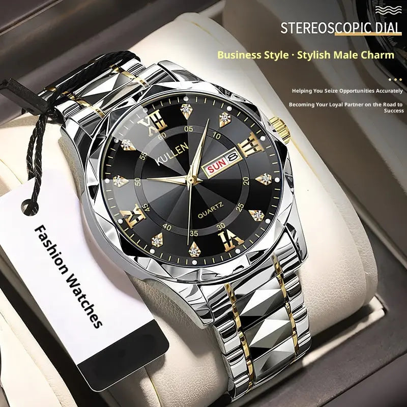 Dropshipman waterproof luminous quartz watch with silver streak band and blue face, designed for business and advanced timekeeping.