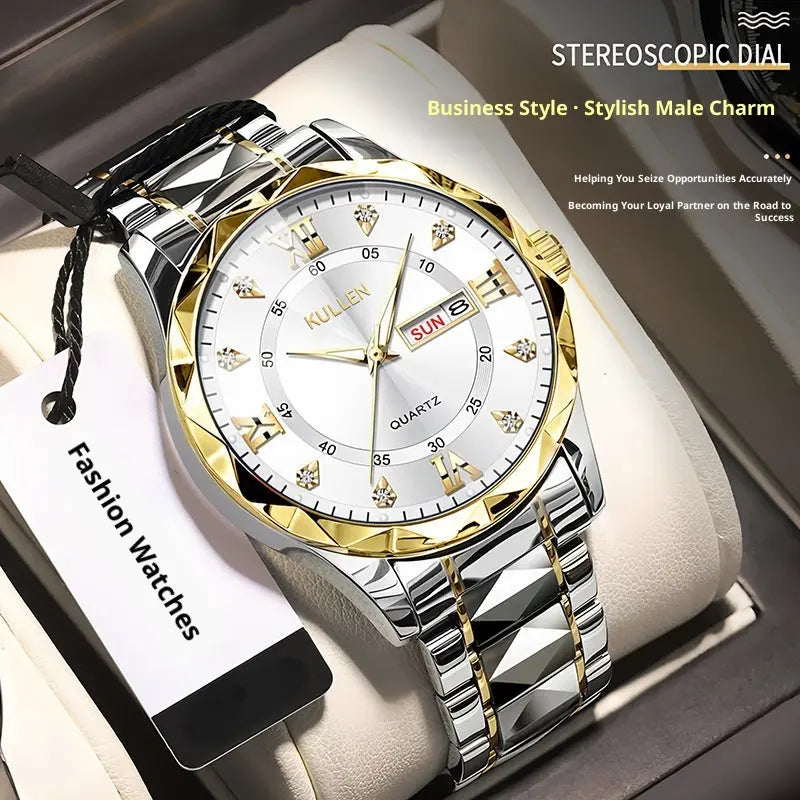 Dropshipman silver streak quartz watch with blue face, luminous hands, waterproof design, suitable for business attire.