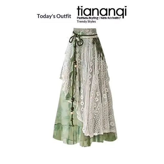Dropshipman strap-top short-sleeve vacation two-piece set with patchwork skirt, casual summer outfit, colorful and stylish.