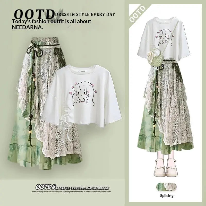Dropshipman strap-top short-sleeve vacation two-piece set with a patchwork skirt, perfect for summer and casual outings.