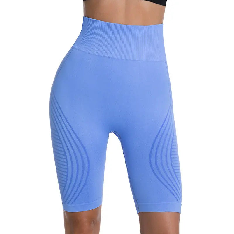 Sky blue DropShipMan butt-lifting thigh-slimming five-point yoga pants for women, featuring a flattering fit and comfortable stretch fabric.