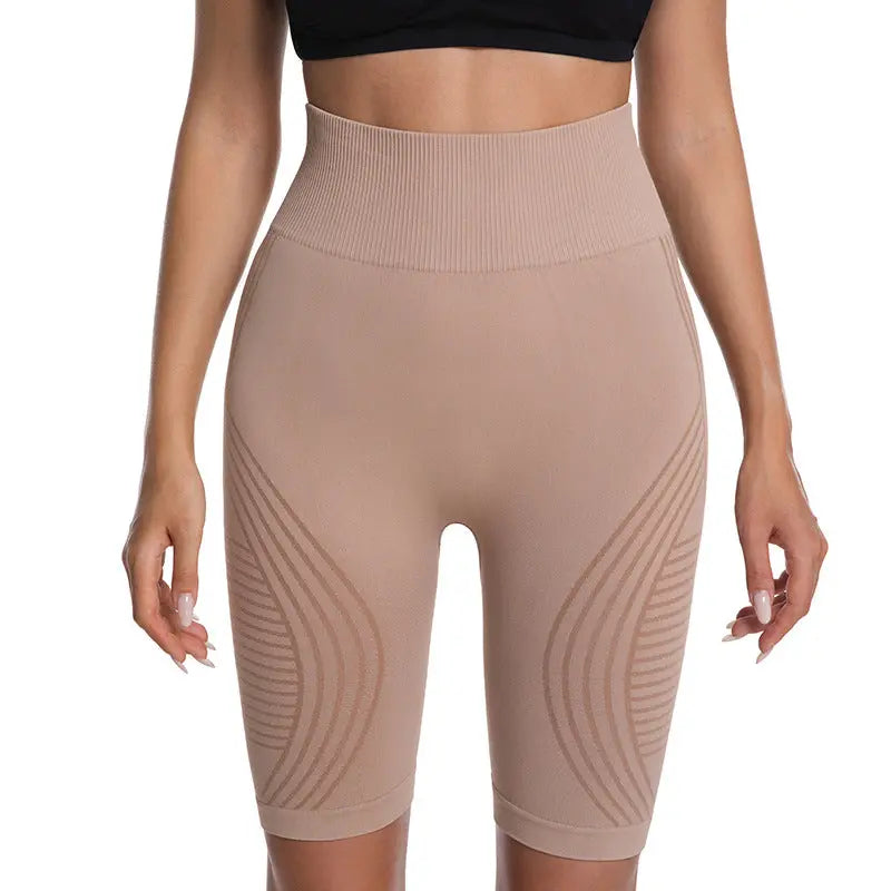 Sky blue DropShipman butt-lifting thigh-slimming five-point yoga pants for women, featuring a snug fit and supportive stretch fabric.