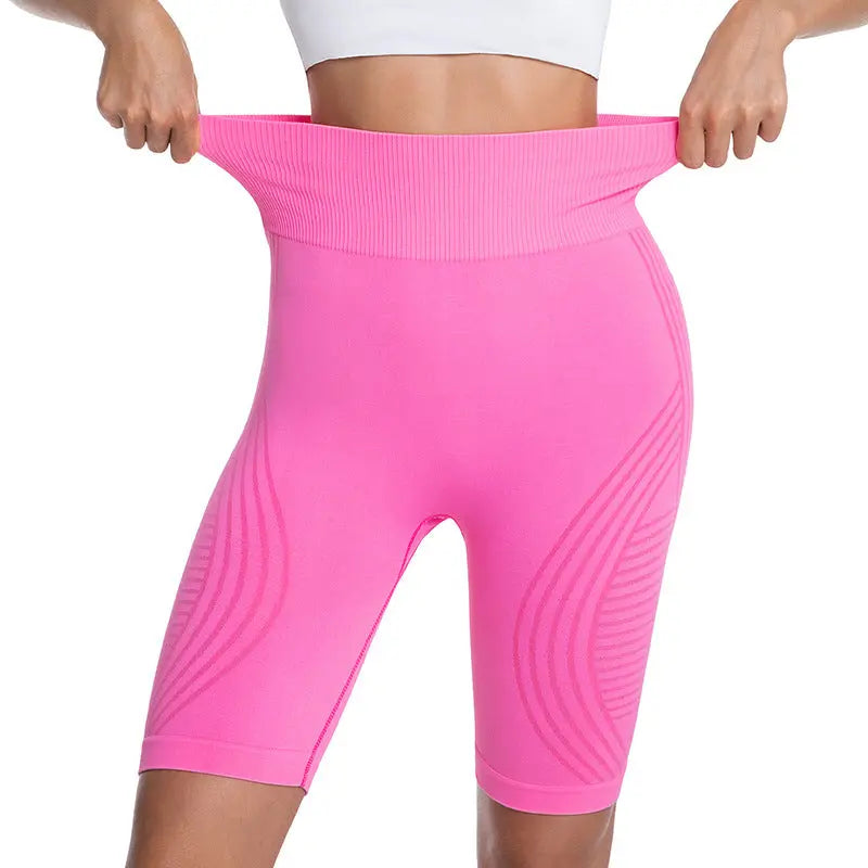 Sky blue Dropshipman butt-lifting thigh-slimming five-point yoga pants for women, showing the fit and waistband design.