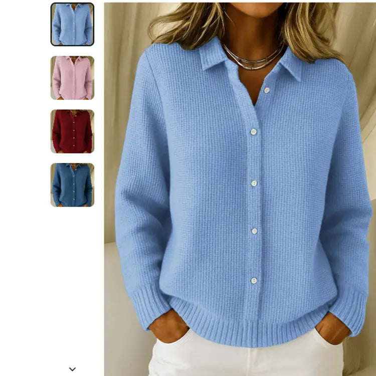 Sky blue casual women's knitted sweater with button lapel, long sleeves, ideal for winter, by Dropshipman.